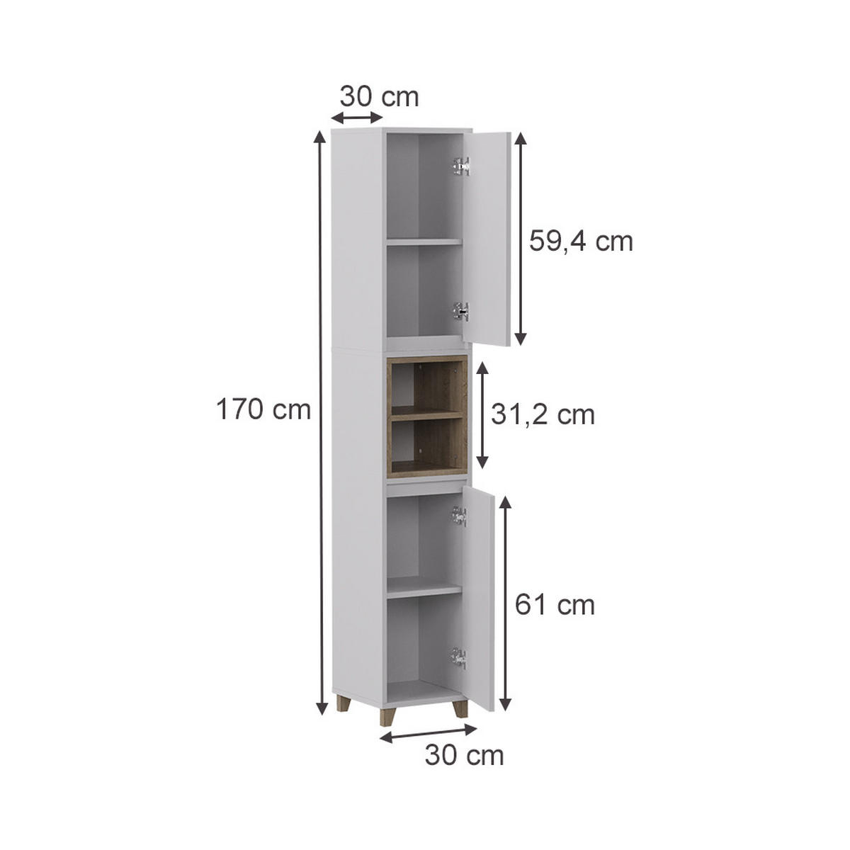 HOCHSCHRANK Elnor Weiß/Eiche 30 x 170 cm mit 2 Türen - Weiß, Holzwerkstoff (30/170/30cm) - Vicco