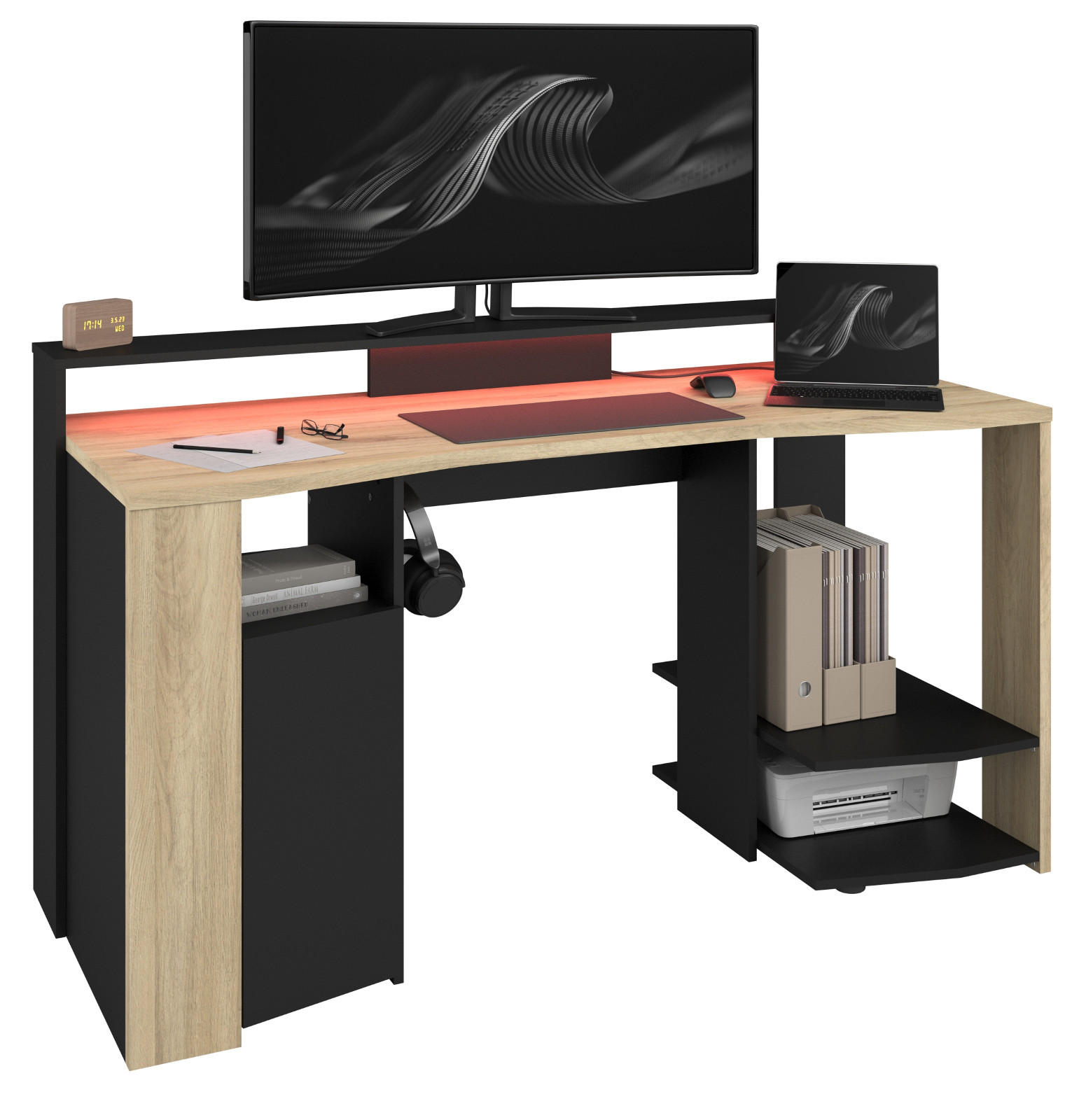 GAMINGTISCH Eiche, schwarz 152 cm, Gamer Schreibtisch inklusive LED mit Farbwechsel - Eichefarben/Schwarz, Holzwerkstoff/Metall (62/152/88cm) - Parisot Meuble