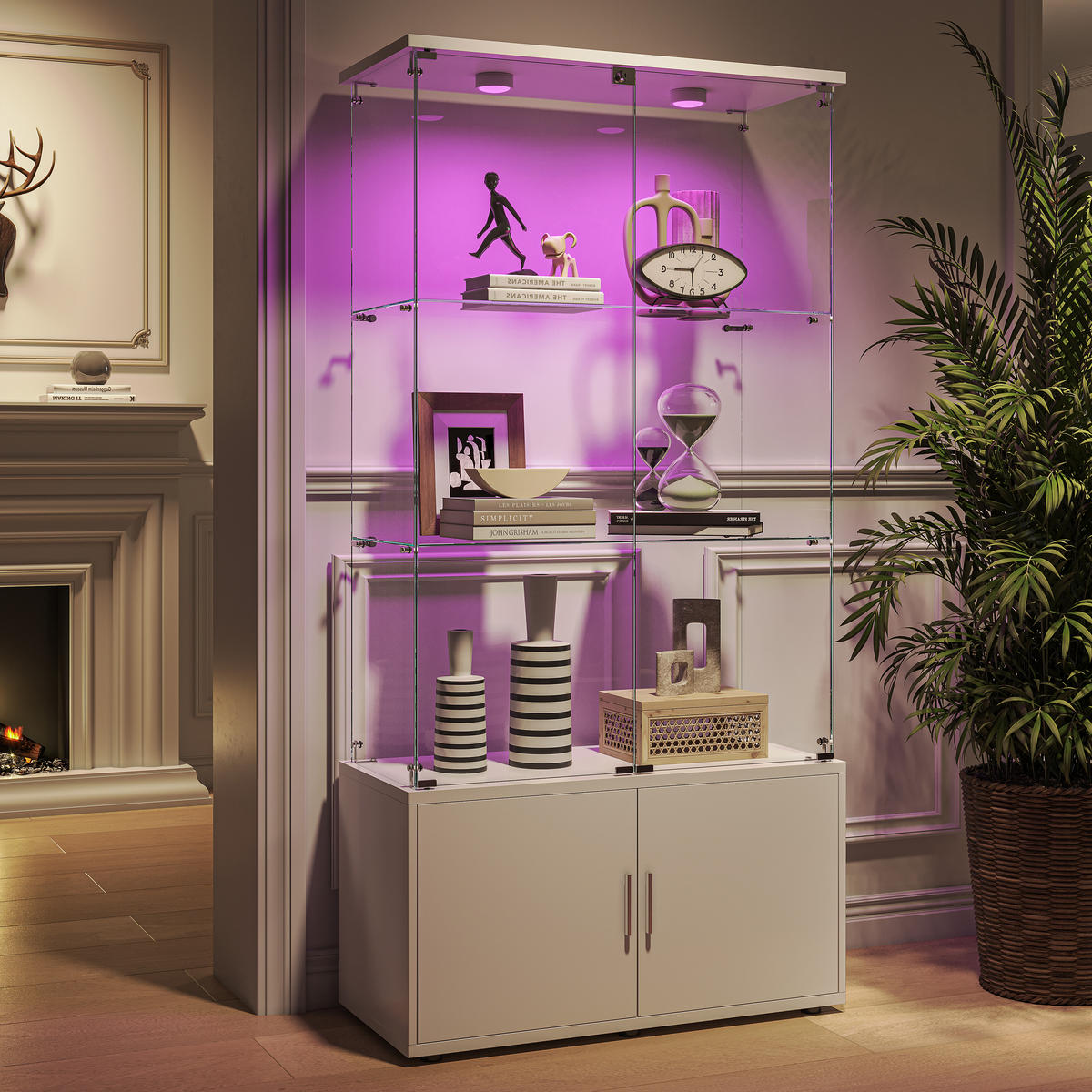 GLASVITRINE 4 Türen 6 Einlegeböden LED Touch weiß - Weiß, Holz (78.5/164/35cm) - LEBENLANG