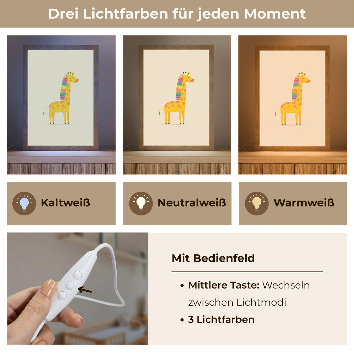 NACHTTISCHLAMPE Giraffe - Regenbogenmähne - Beige 20x30 cm - Beige, Holzwerkstoff (8/20/30cm)