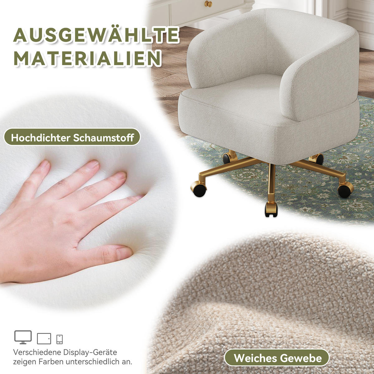 DREHSTUHL Chenille mit 360°-Drehung, Rollen 71/60/71 cm Beige - Beige, Textil (60/71/71cm) - Redom