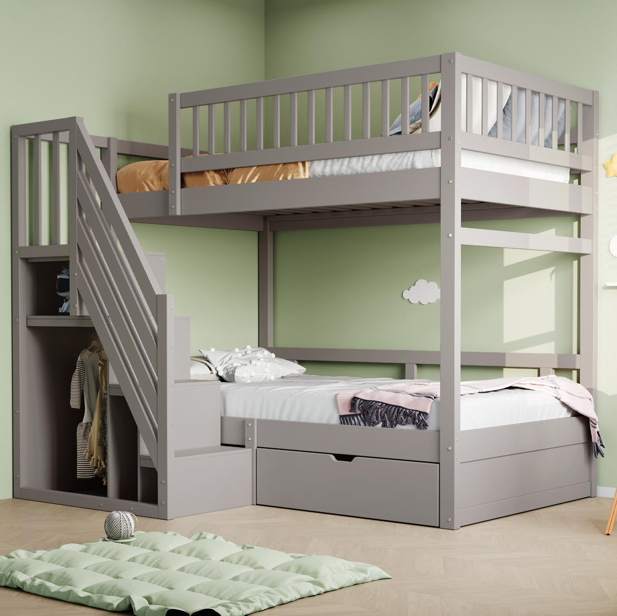 ETAGENBETT mit Stauraum 90x200 cm Massivholz Grau - Grau, Holzwerkstoff (90/200cm) - Beauniv
