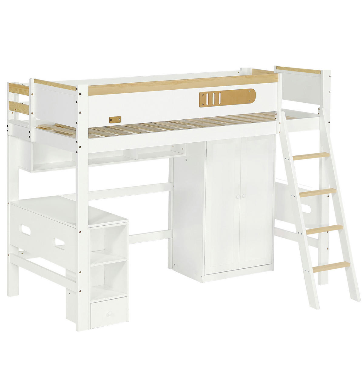 ETAGENBETT 90/200 cm, Weiß/Natur mit Tisch und Kleiderschrank - Weiß, Holz (90/200cm) - MIVRAY
