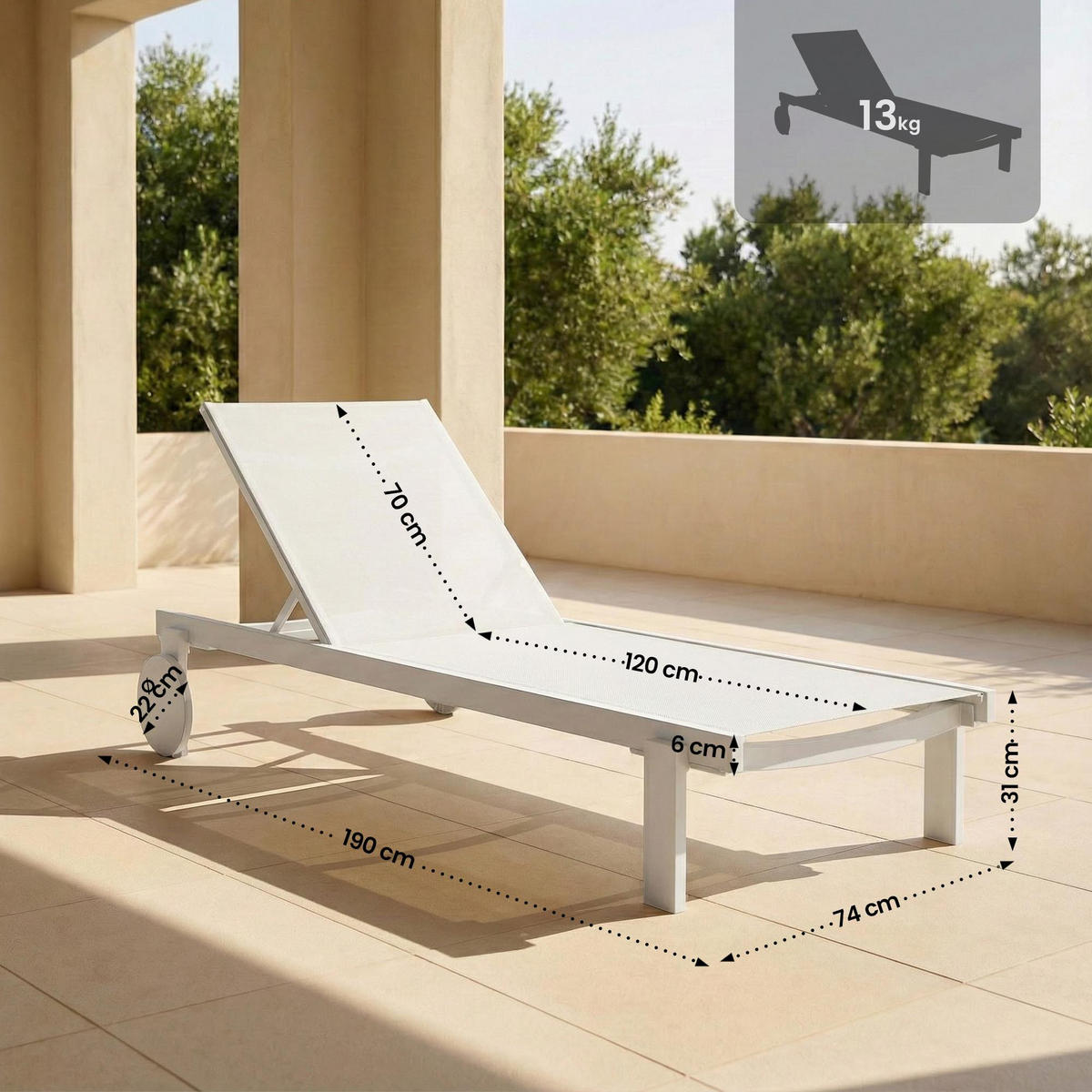 SONNENLIEGE Rune Rollen klappbar 74x190x31cm Metall Weiß Gartenliege - Weiß, Metall (74/31/190cm) - DELUKE