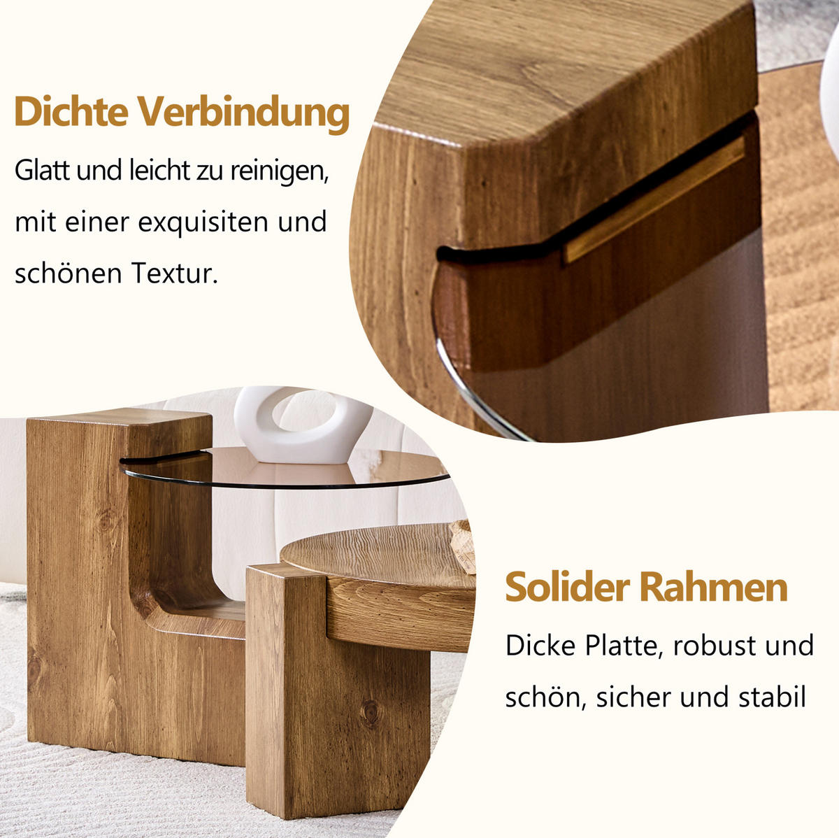 COUCHTISCH 78/75/34 cm rund aus MDF in Holzoptik mit braun getöntem Sicherheitsglas - Naturfarben, Holzwerkstoff (61/61/30cm) - OKMYHOME