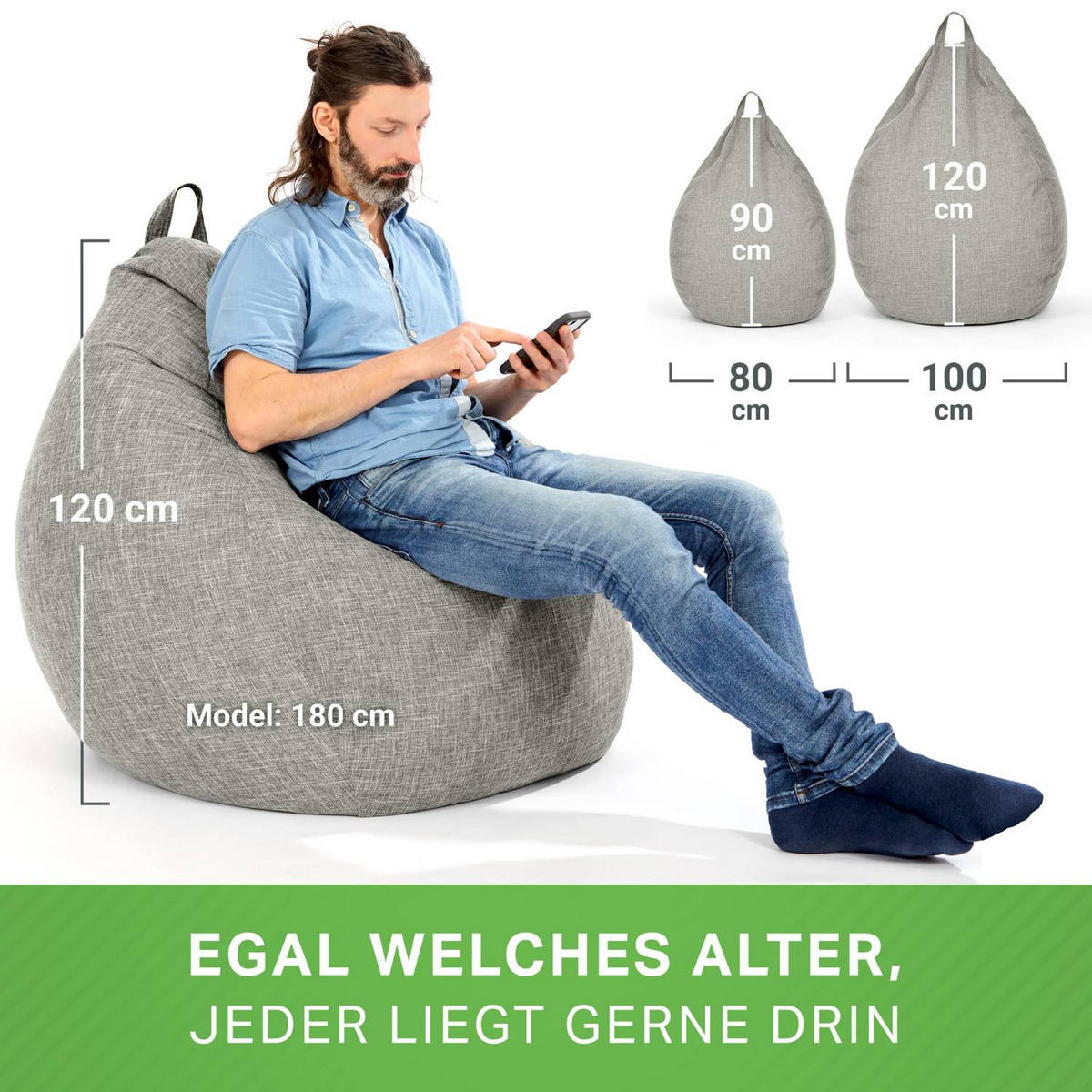 SITZSACK Indoor "Home Linen" - 300 Liter - Grau, Textil (100/120/50cm) - Green Bean