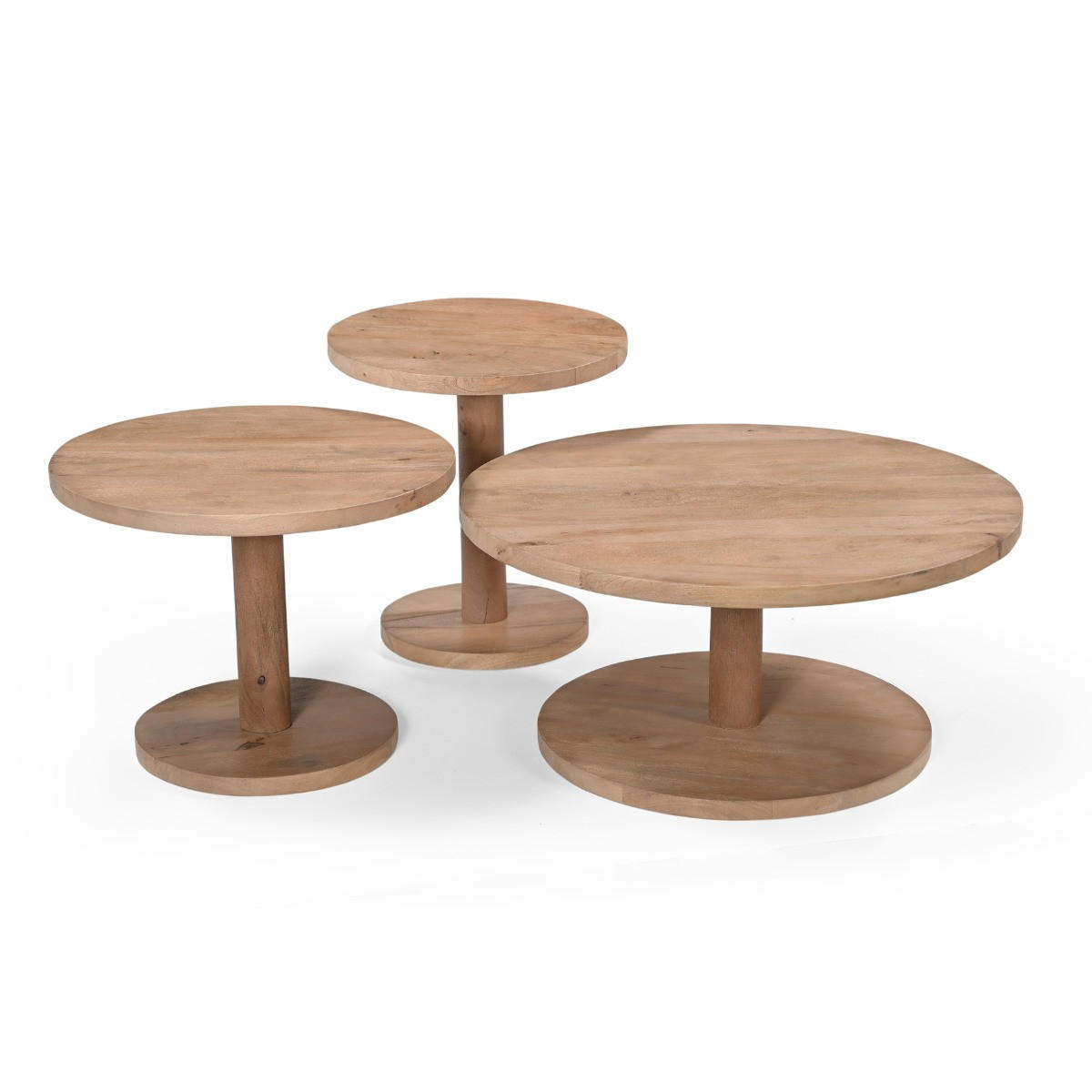 COUCHTISCH rund 3er Set aus Mangoholz Ø70/50/42cm, natürlich - Braun, Holz (70/70/38cm) - Giga Meubel