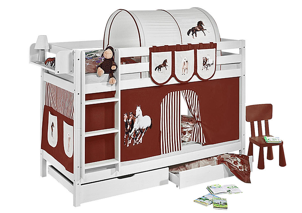 ETAGENBETT JELLE 90x200 cm Pferd braun beige - Hochbett - inkl. Vorhang und 2 Lattenrosten - Weiß, Holz - Lilokids