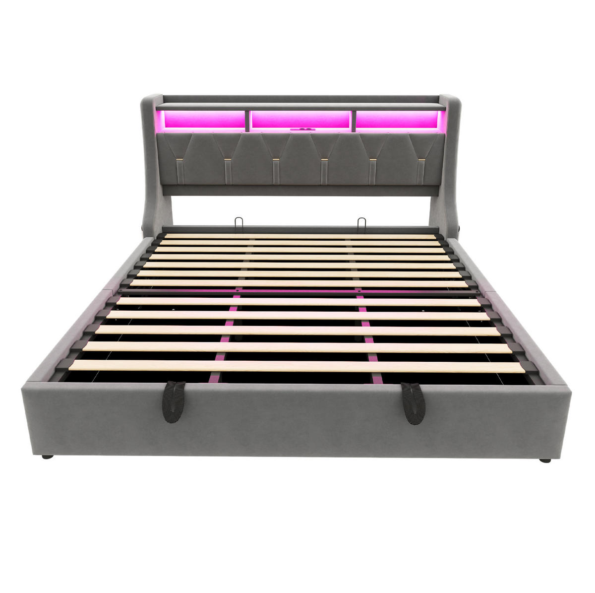 POLSTERBETT 140/200 cm aus Leinen mit LED USB-C und hydraulischem Stauraum Grau - Grau, Textil (140/200cm) - Modenvie