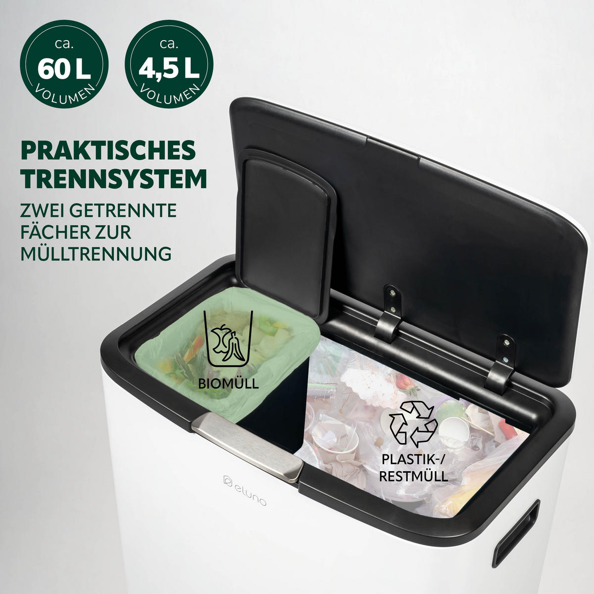 ABFALLEIMER, 60 Liter, aus Metall, weiß - Weiß, Metall (53/79.5/32.5cm) - eluno