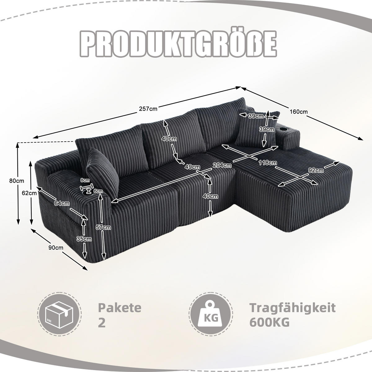 ECKSOFA Inklusive 5 Kissen,seitlicher Stauraum und Getränkehalter, Dunkelgrau - Dunkelgrau, Textil (160/257cm) - KOMHTOM