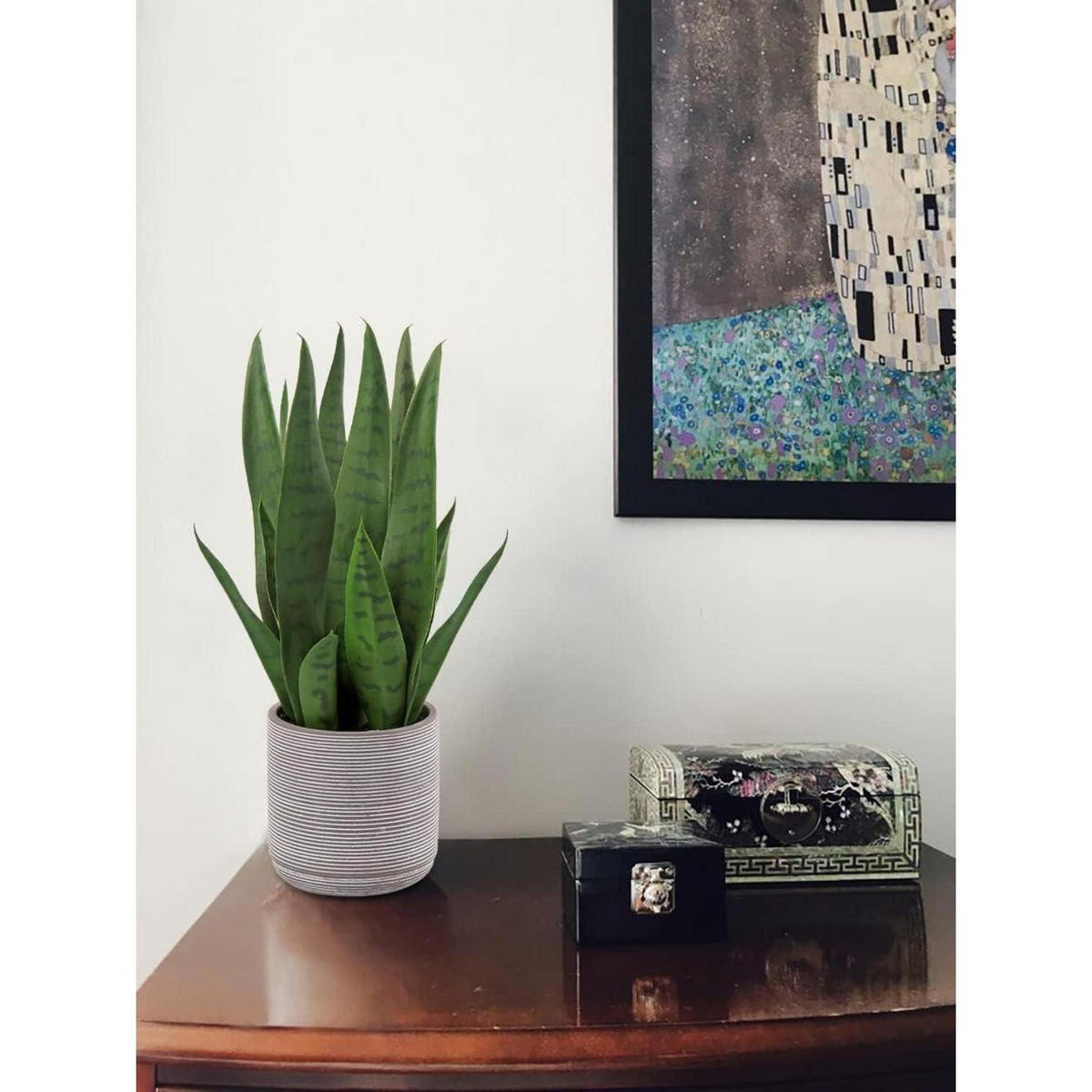 KUNSTPFLANZE Sanseveria 40 cm im Zementtopf Dunkelgrün - Grün, Keramik (40cm)