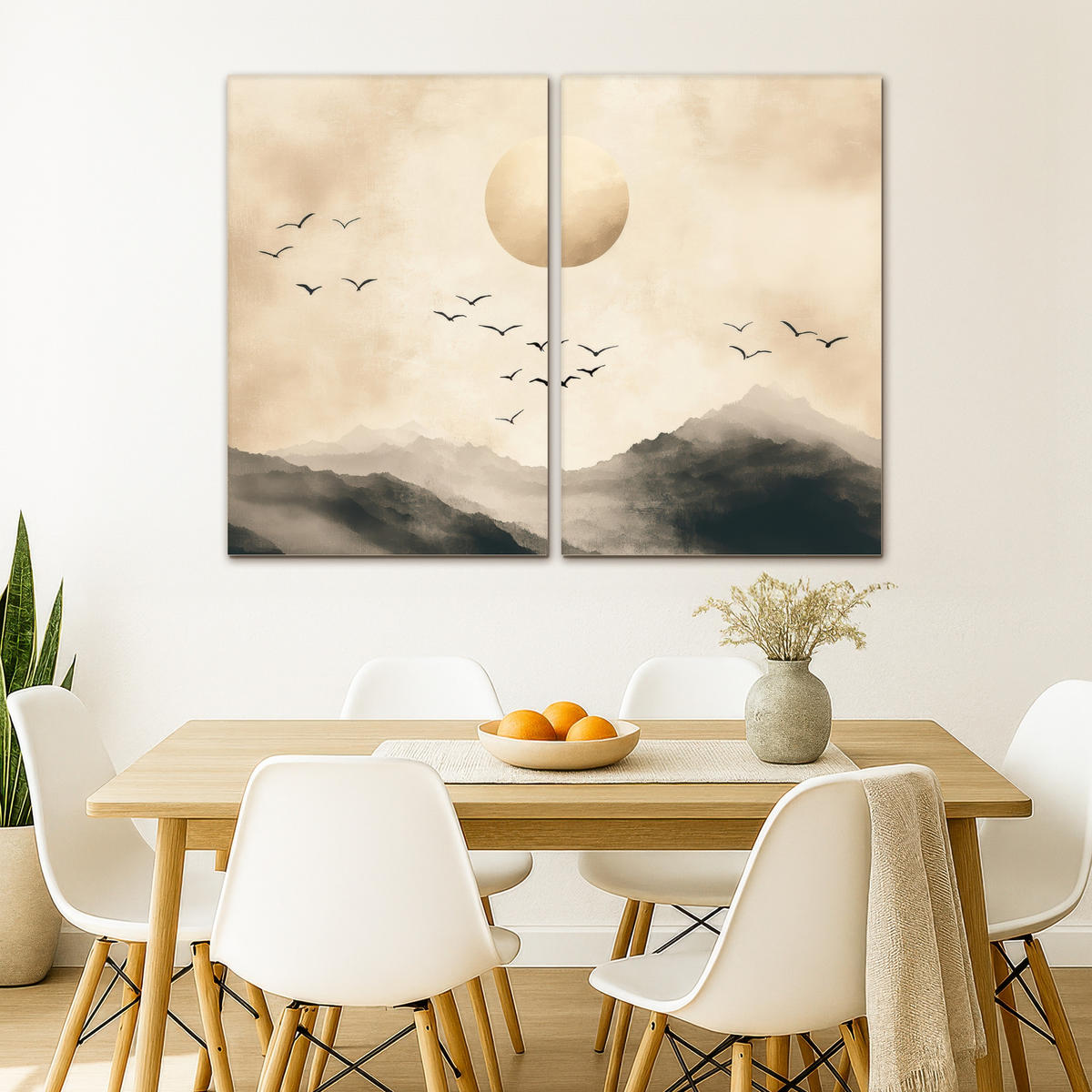 LEINWANDBILD 2er Set Landschaft - Japandi - Beige - Vögel 120x90 cm - Beige, Textil (120/90cm) - MuchoWow