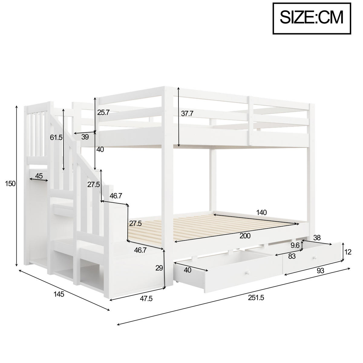 HOLZ-ETAGENBETT 140 x 200 cm mit Stauraumleiter, Weiß - Weiß, Holz (140/200cm) - FLIEKS