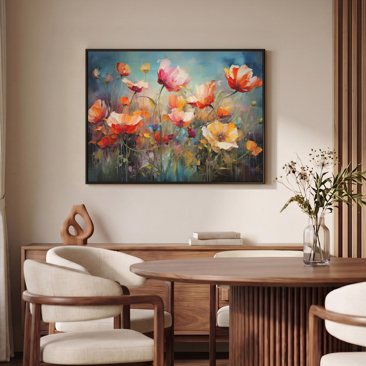 LEINWAND Bilder mit Rahmen - Blumen - Aquarell - Kunst - Botanisch - Natur - 100x70 - Orange, Textil (100/70cm) - MuchoWow
