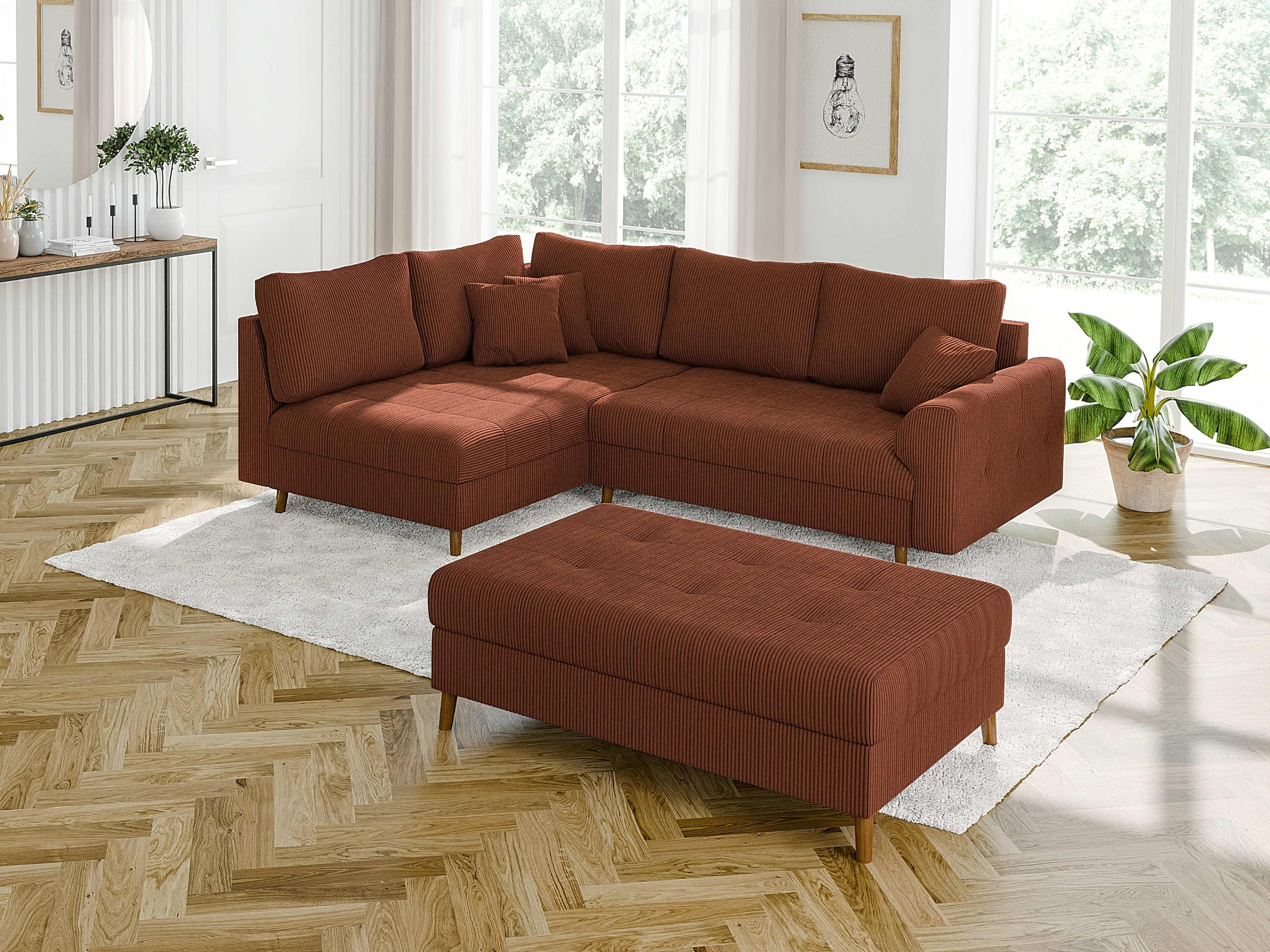 ECKSOFA inkl. Hocker Alma Terrakotta Cord - Ottomane links - Terra cotta/Braun, Holz/Textil (231/161cm) - S-Style Möbel