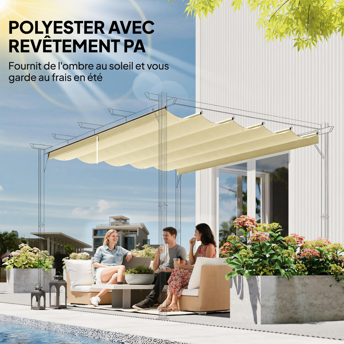ERSATZDACH DE-12681 250/255 cm für 3x3 m Pergola mit 10 Ösen Creme - Creme, Textil (250/6/255cm) - ComfortXL
