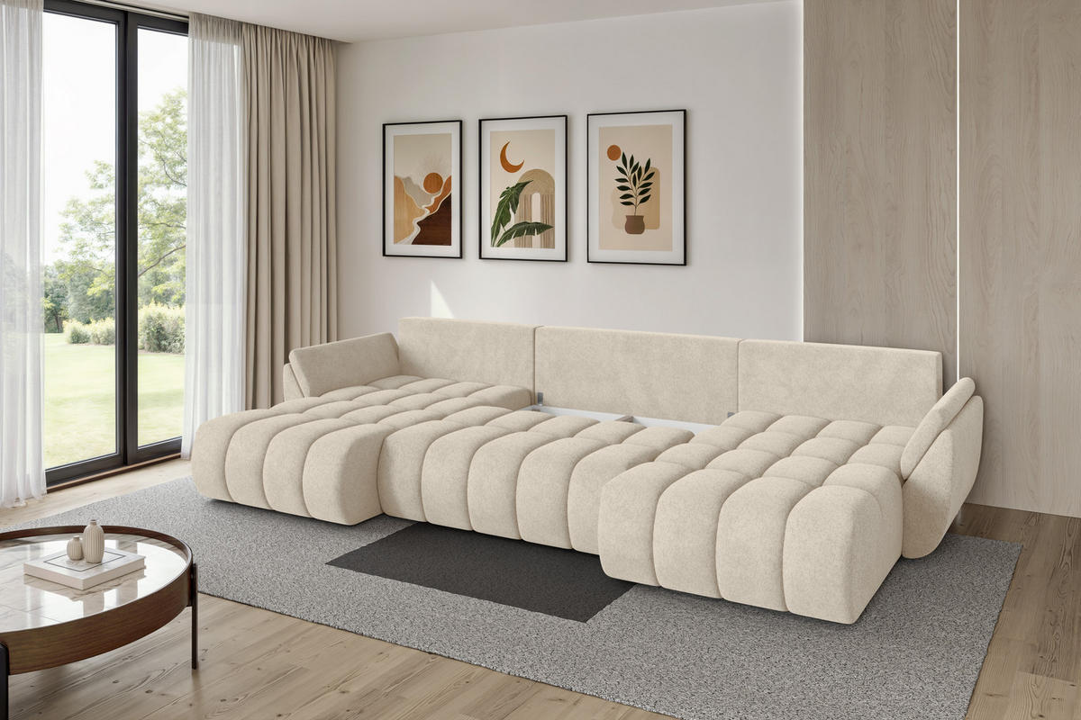 SEDACÍ SOUPRAVA DO U s funkcí spaní a úložným prostorem TOKO-U-v1 378x194x86 krémová velur - černá/krémová, kompozitní dřevo/textil (378/86/194cm) - ALTDECOR