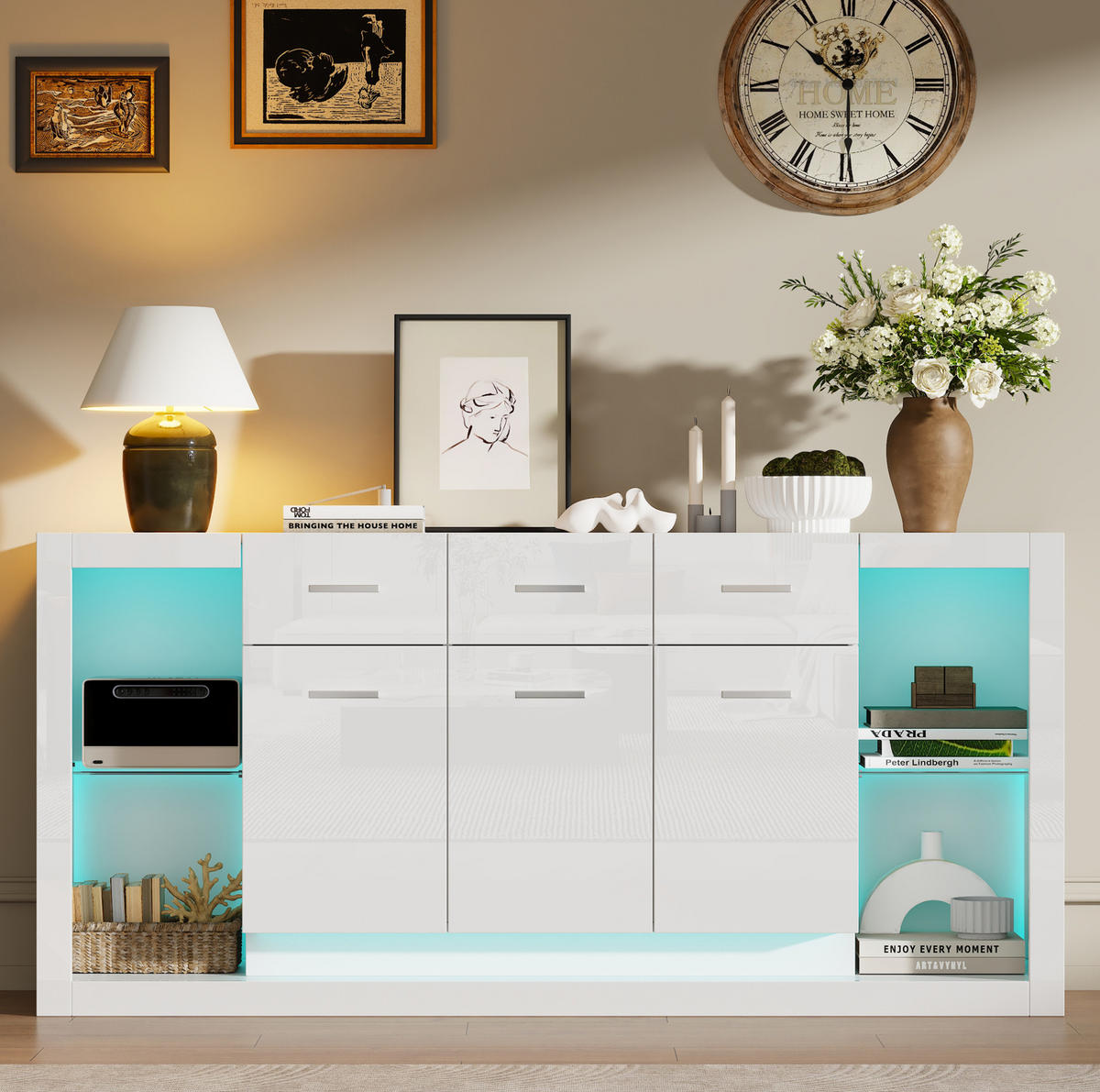 SIDEBOARD 160/40/75 cm z dřevotřísky bílá, s LED osvětlením a 3 zásuvkami - bílá, kompozitní dřevo (160/75/40cm) - Modenvie
