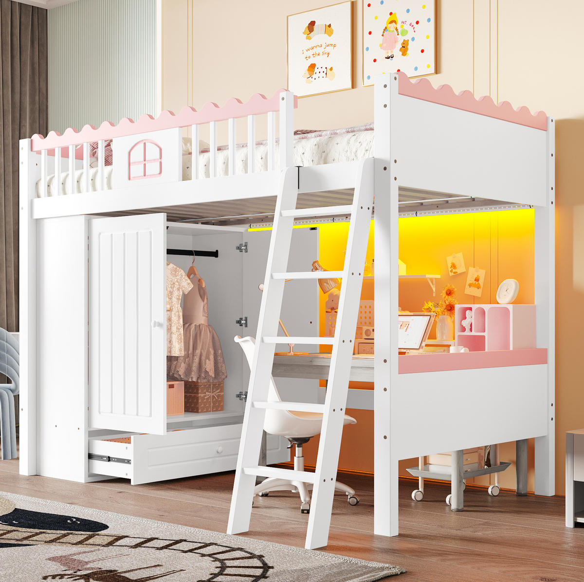 HOCHBETT 90/200 cm mit LED, Kleiderschrank und Schublade aus Kiefern , Weiß - Weiß, Holzwerkstoff (90/200cm) - Redom