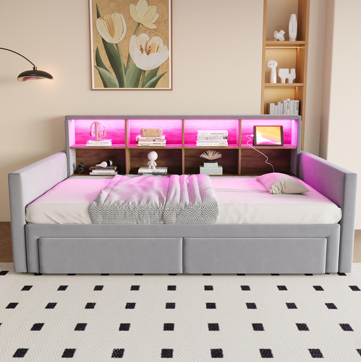 POLSTERBETT 90/190 cm aus Samt mit Stauraum, Hellgrau - Hellgrau, Textil (90/190cm) - OKMYHOME