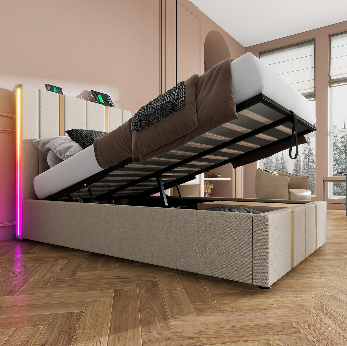 ČALOUNĚNÁ postel 90/200 cm s LED osvětlením, USB-C a úložným prostorem, béžové lněné provedení - béžová, textil (90/200cm) - Redom