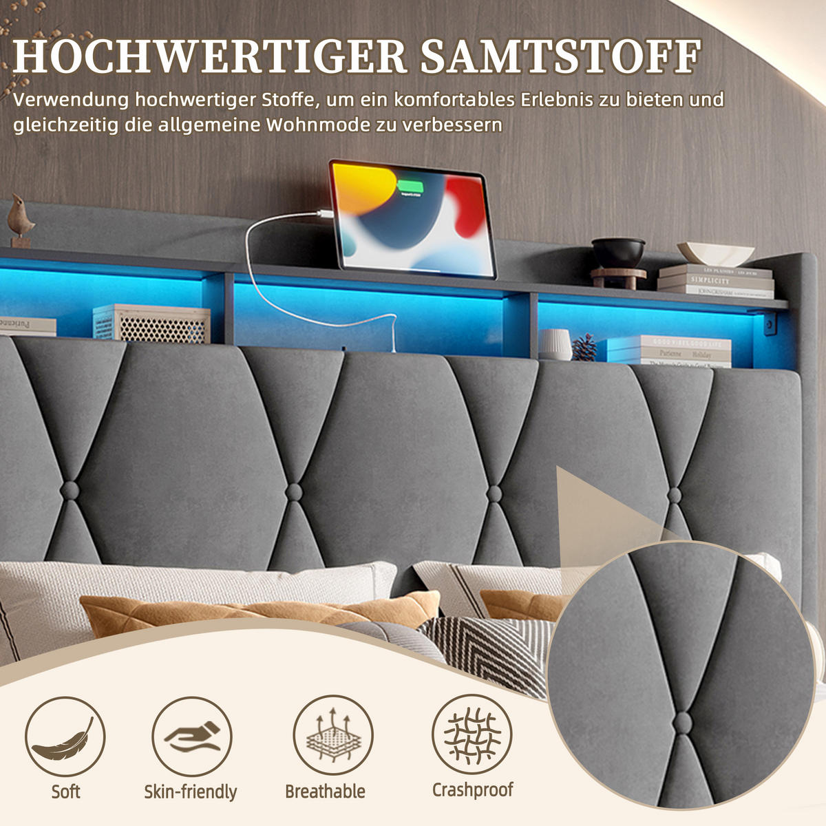 POLSTERBETT 140x200 cm LED USB Stauraum grau - Dunkelgrau, Textil (140/200cm) - LEBENLANG