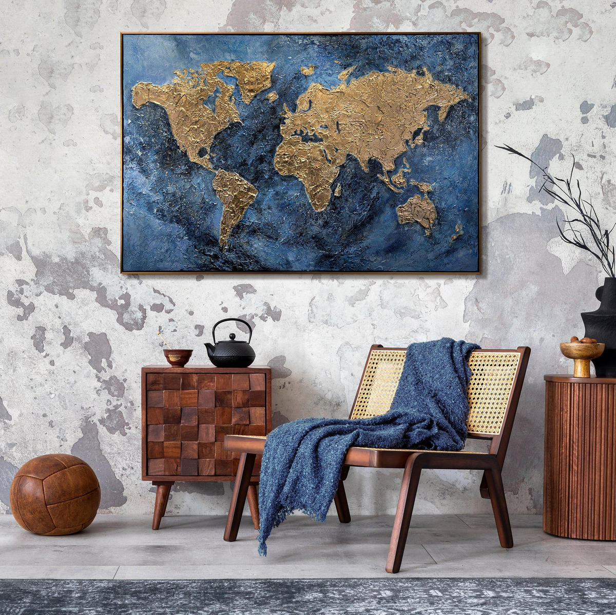 GEMÄLDE Magische Karte Schattenfugenrahmen Schwarz-Gold 140x100 cm - Schwarz Hochglanz, Holz (140/100cm) - YS-art gallery