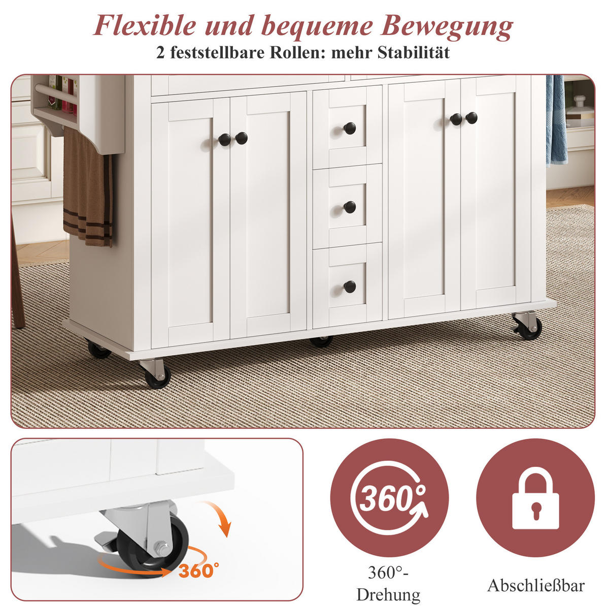 KÜCHENWAGEN 140/40/89 cm in Weiß/Natur mit klappbarer Arbeitsplatte und Rollen - Weiß, Holzwerkstoff (140/89/65cm) - Flora Grace