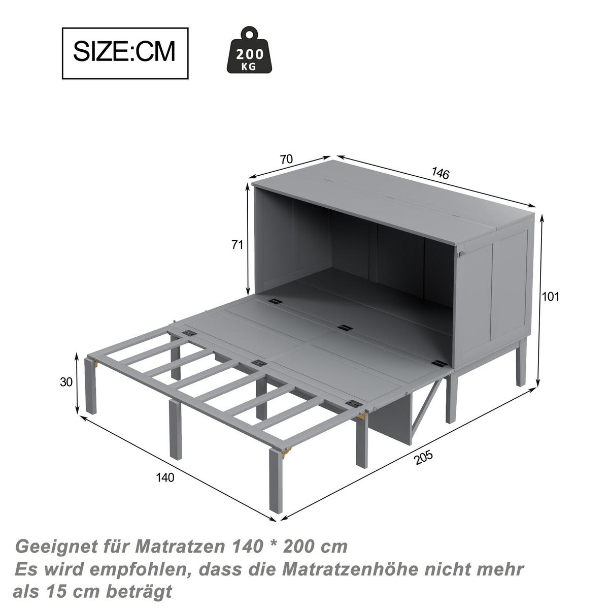 SCHRANKBETT aus Holz 140x200 cm Grau mit Lattenrost, vertikaler Klappfunktion und platzsparendem Stauraum - Grau, Holz (140/200cm) - Modfu