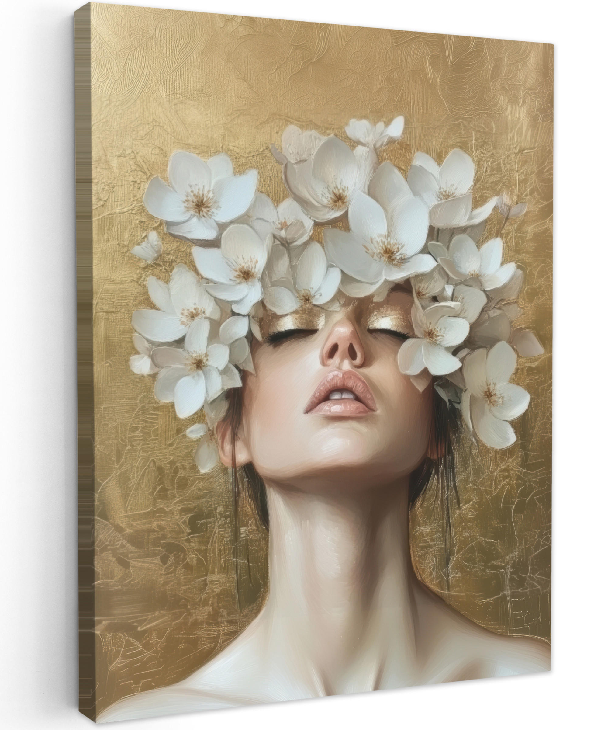 LEINWANDBILD Gesicht - Blumen - Gold - Abstrakt Wandbild Wohnzimmer 60x80 cm - Goldfarben, Textil (60/80cm) - MuchoWow