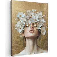 LEINWANDBILD Gesicht - Blumen - Gold - Abstrakt Wandbild Wohnzimmer 60x80 cm - Goldfarben, Textil (60/80cm) - MuchoWow