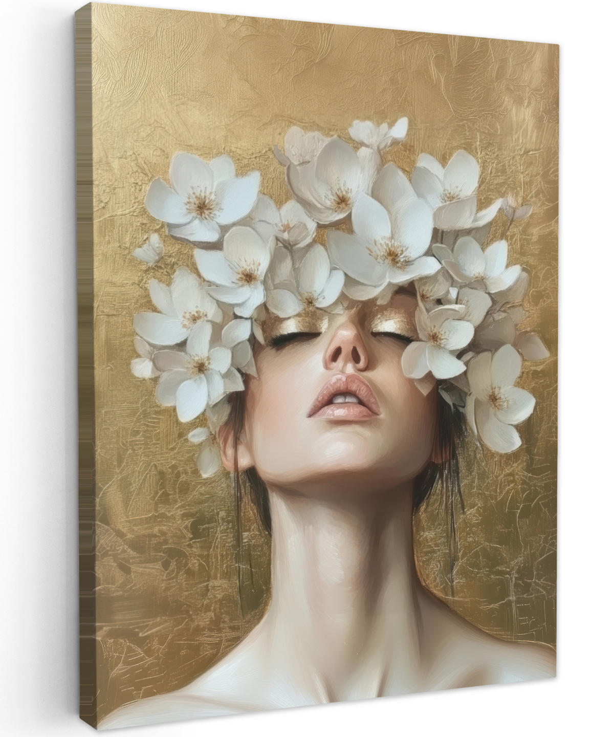LEINWANDBILD Gesicht - Blumen - Gold - Abstrakt Wandbild Wohnzimmer 60x80 cm - Goldfarben, Textil (60/80cm) - MuchoWow