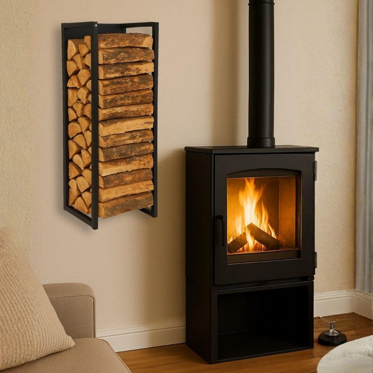 KAMINHOLZREGAL Phoenix innen & außen für Wandmontag 92x41x31cm Schwarz - Schwarz, Metall (41/92/31cm) - PROREGAL