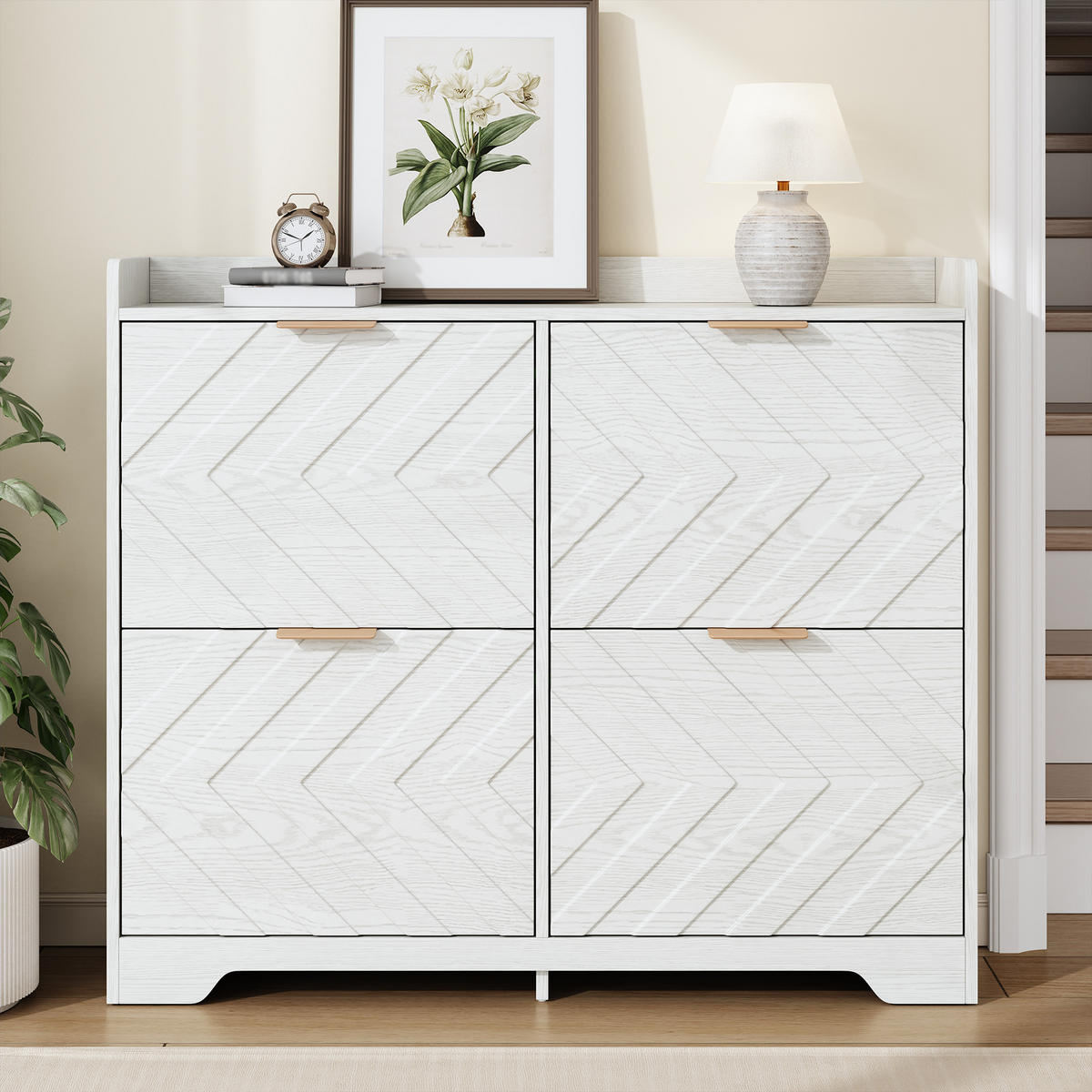 SCHUHSCHRANK 4 Klappen 3D Front mit Ablage - Weiß, Holz (105/90/24cm) - LEBENLANG