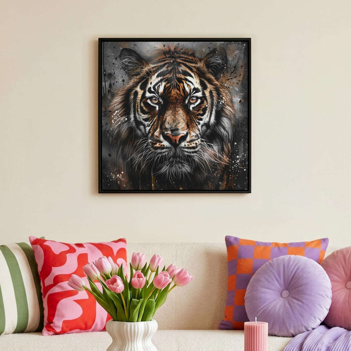 LEINWAND Bilder mit Rahmen - Tiger - Tiere - Porträt - Luxus - Schwarz - 50x50 - Braun, Textil (50/50cm) - MuchoWow