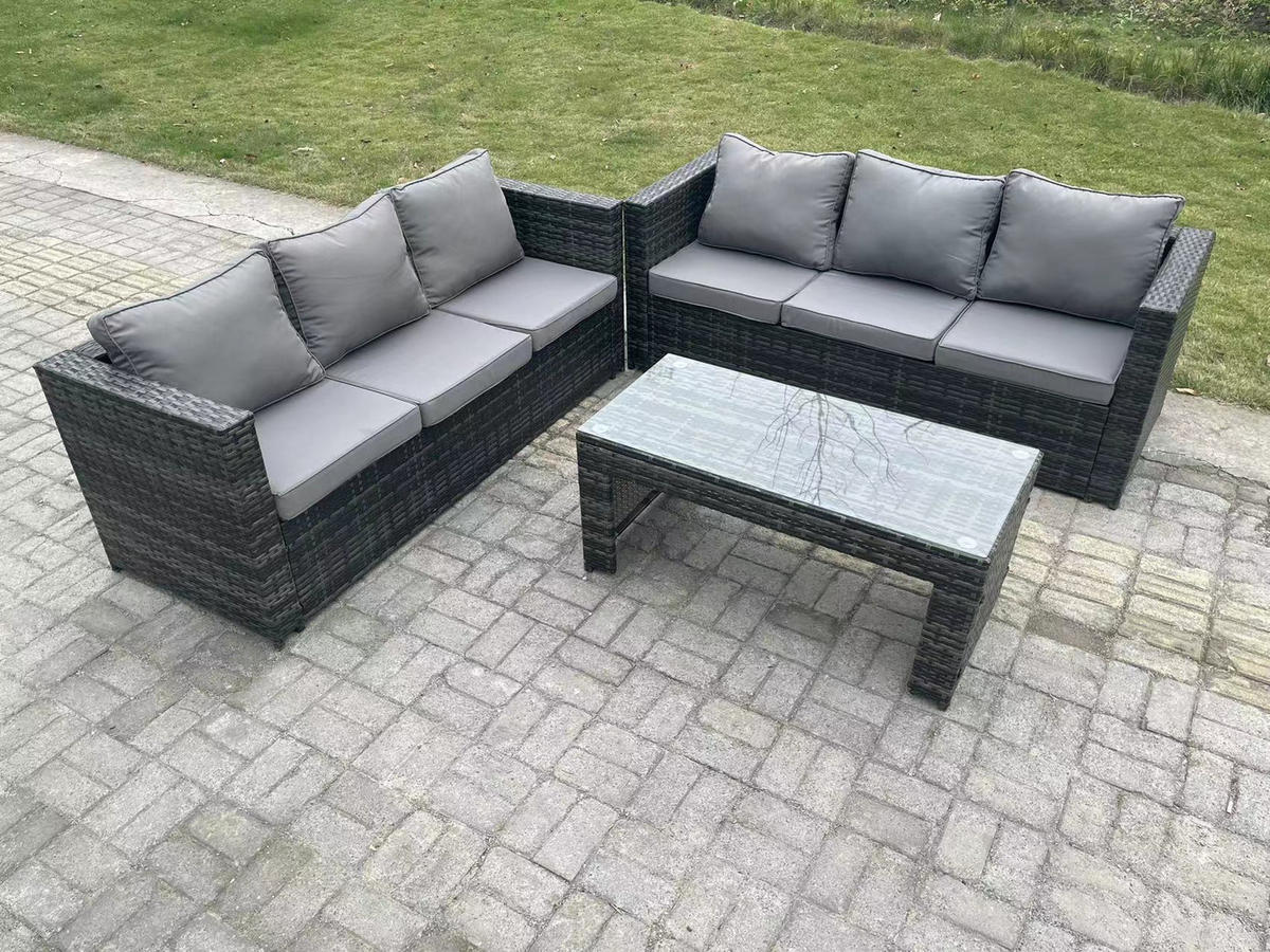 GARTENSOFA Hohe Rückenlehne Polyrattan 6-Sitzer - Dunkelgrau/Grau, Glas/Kunststoff - Fimous