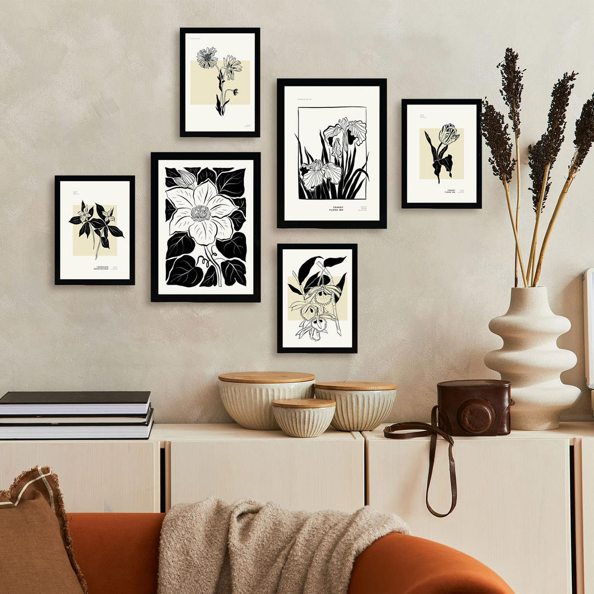 POSTER Set Mit 6 In Schwarzer Tinte Blumen A3 & A4 Rahmenlos - Klar, Papier (29/3cm) - Nacnic