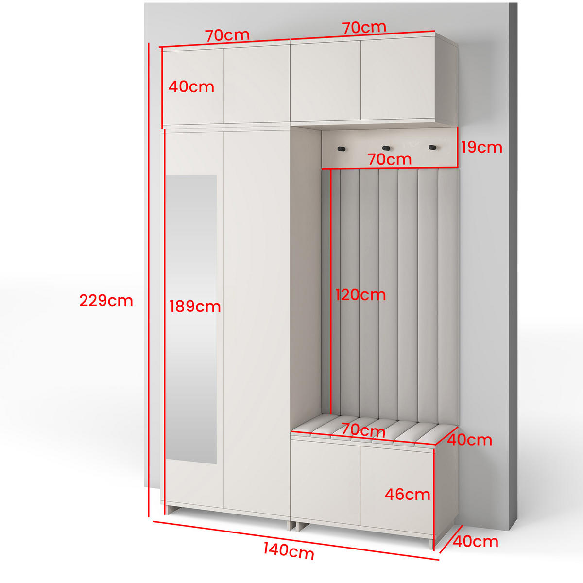 GARDEROBE Napoli version 11 mit Spiegel, mit POLSTERPANEELEN SCHWARZ - Beige/Schwarz, Holzwerkstoff (140/229/40cm) - Jerpax