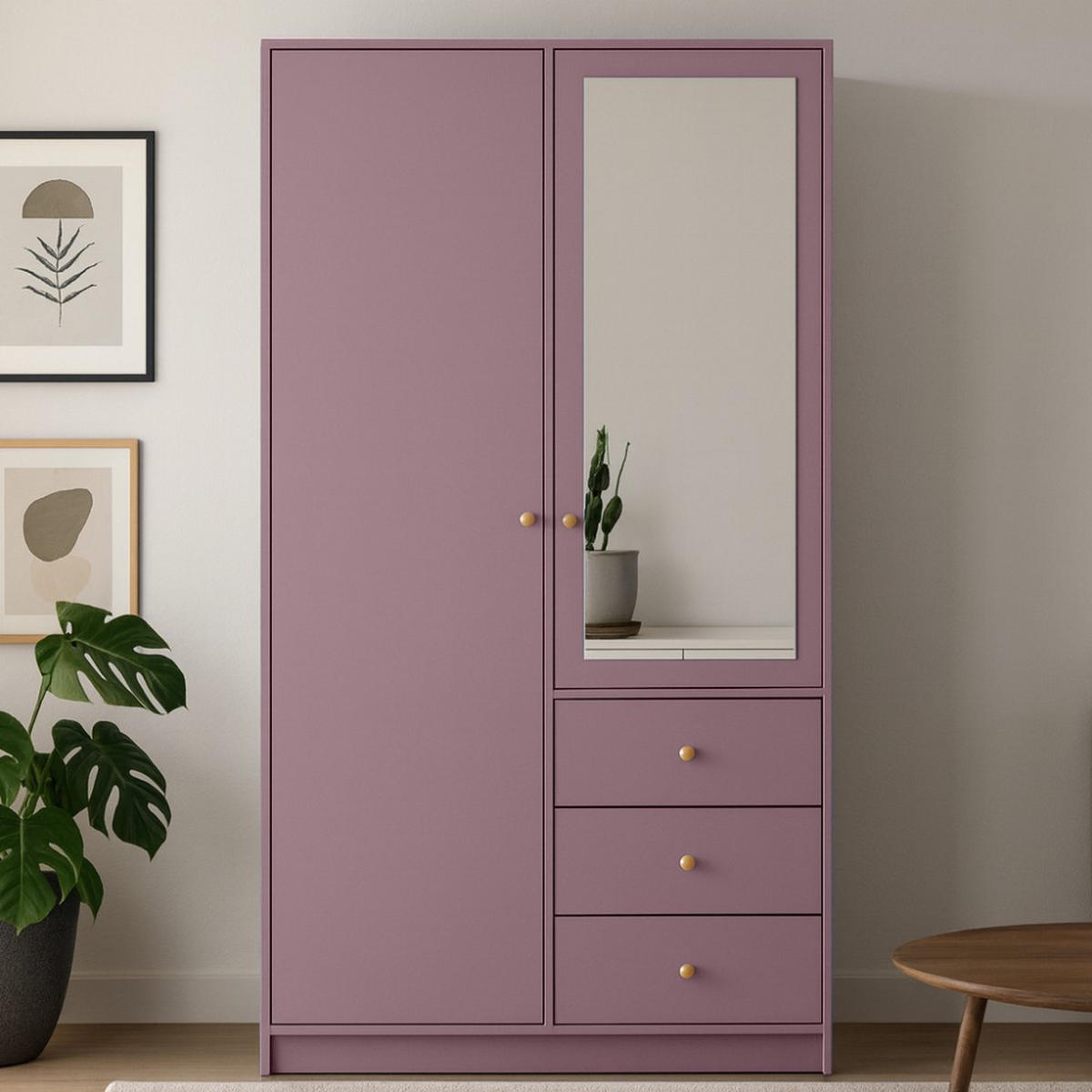 DREHTÜRENSCHRANK Solea Lux mit 2 Türen und 3 Schubladen, Pflaume - Pflaume/Goldfarben, Holzwerkstoff (100/200/57.5cm) - Beautysofa