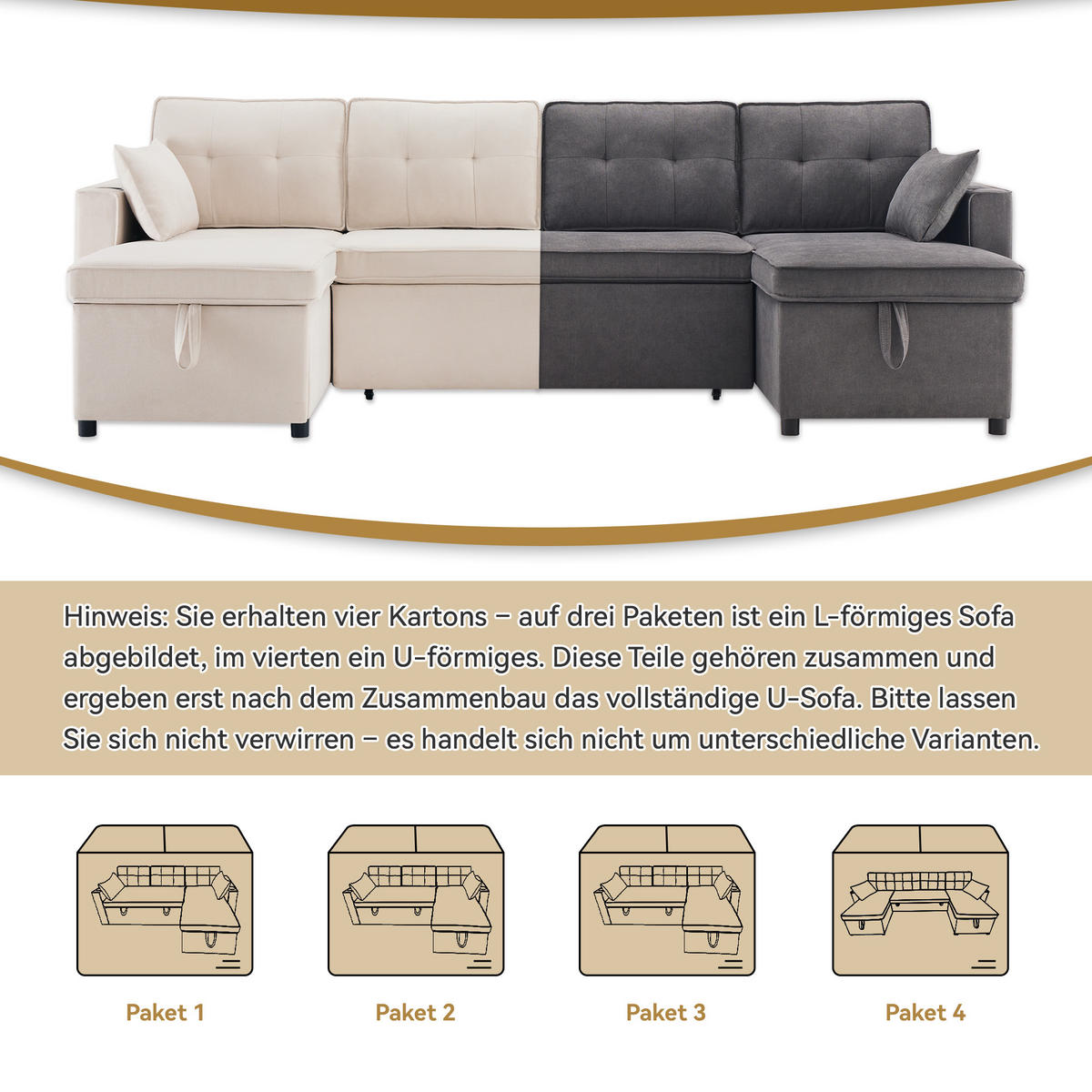 SCHLAFSOFA U-Form, Baumwoll-Leinenstoff mit Stauraum & Getränkehaltern, 270/130/86 cm, Beige - Beige, Textil (130/86/270cm) - Redom