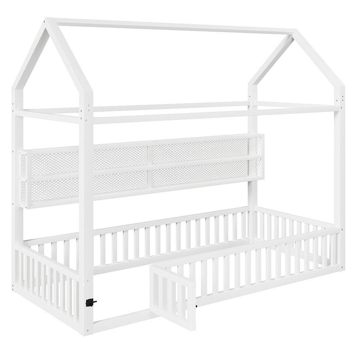 HAUSBETT 90x200 cm mit Zaun und LED-Beleuchtung, Weiß - Weiß, Metall (90/200cm) - KOMHTOM