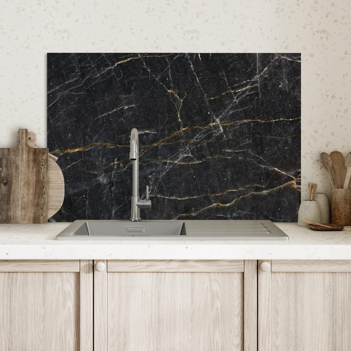 SPRITZSCHUTZ KÜCHE Marmor - Schwarz - Gold - Grau - Marmorstruktur 60x40 cm - Goldfarben, Metall (60/0.3/40cm) - MuchoWow