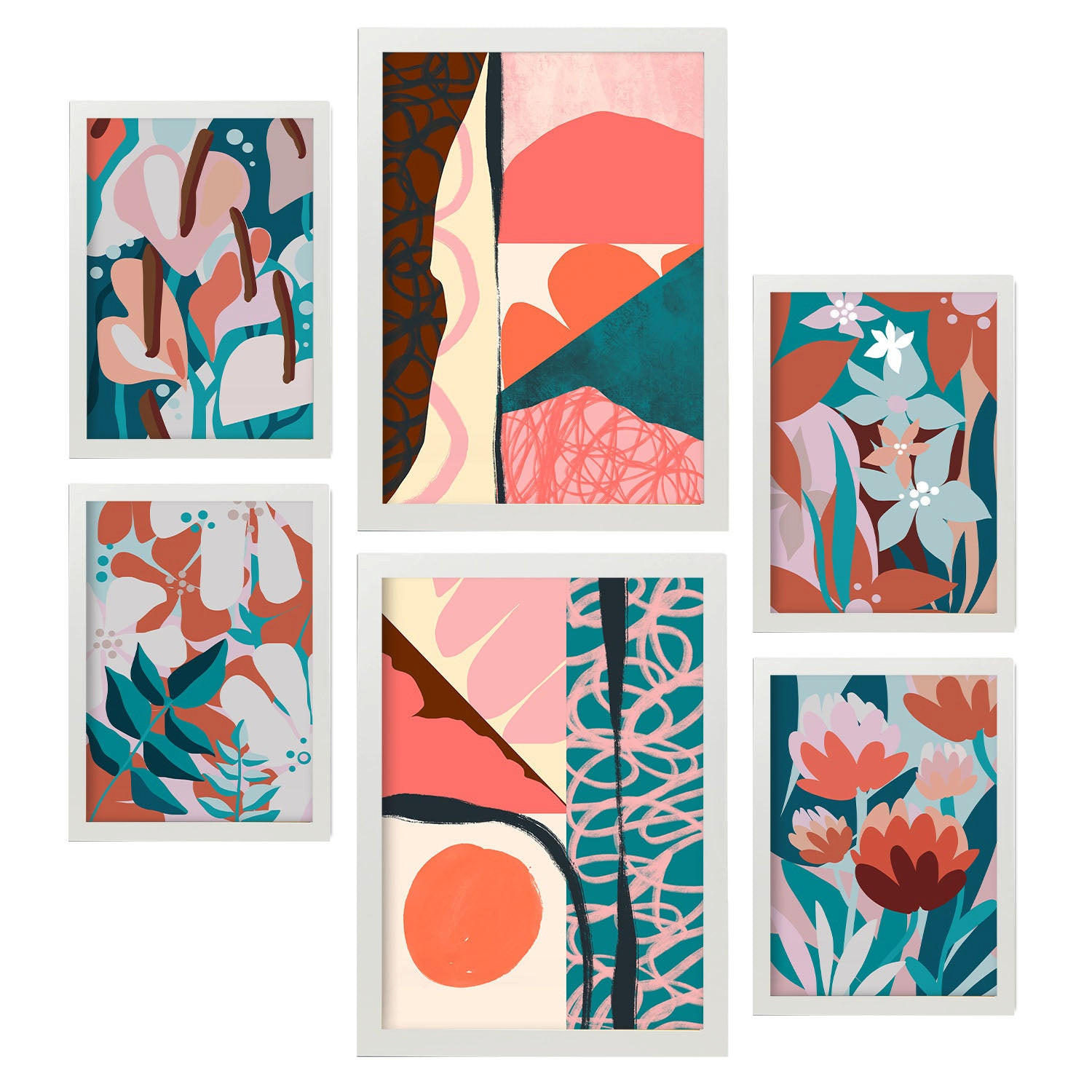 POSTER Set Mit 6 Prominente Kunst 2 In Blume Zusammenfassung A3 & A4 Weißer Rahmen - Weiß, Papier (29/3cm) - Nacnic