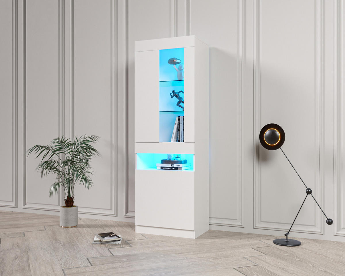VITRINE 50/40/180 cm in Weiß mit LED-Beleuchtung und Hochglanzfront - Weiß, Holzwerkstoff (40/180/50cm) - Flora Grace