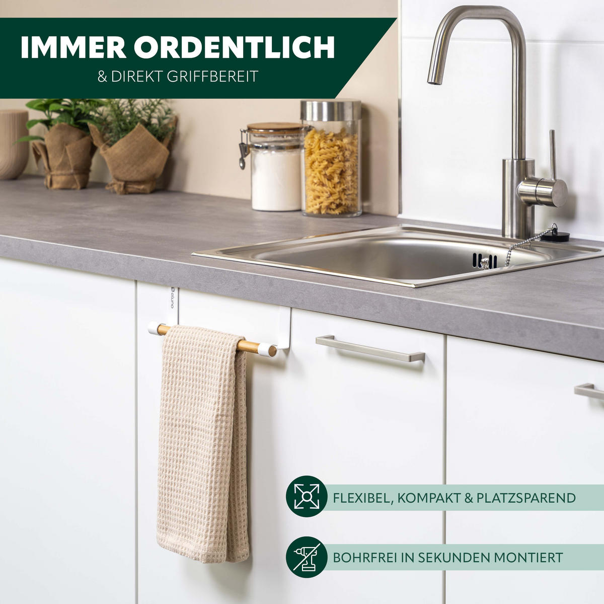 GESCHIRRHANDTUCHHALTER, weiß, Bambus - Weiß, Metall (25/7.5/6cm) - eluno