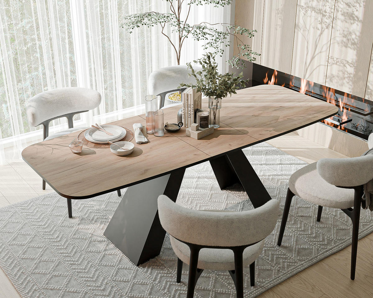 AUSZIEHTISCH ZENITH 160/90/76 cm mit Metallgestell, Schwarz / Eiche - Eiche Wotan/Schwarz, Holzwerkstoff/Metall (90/160/76cm) - Idohome