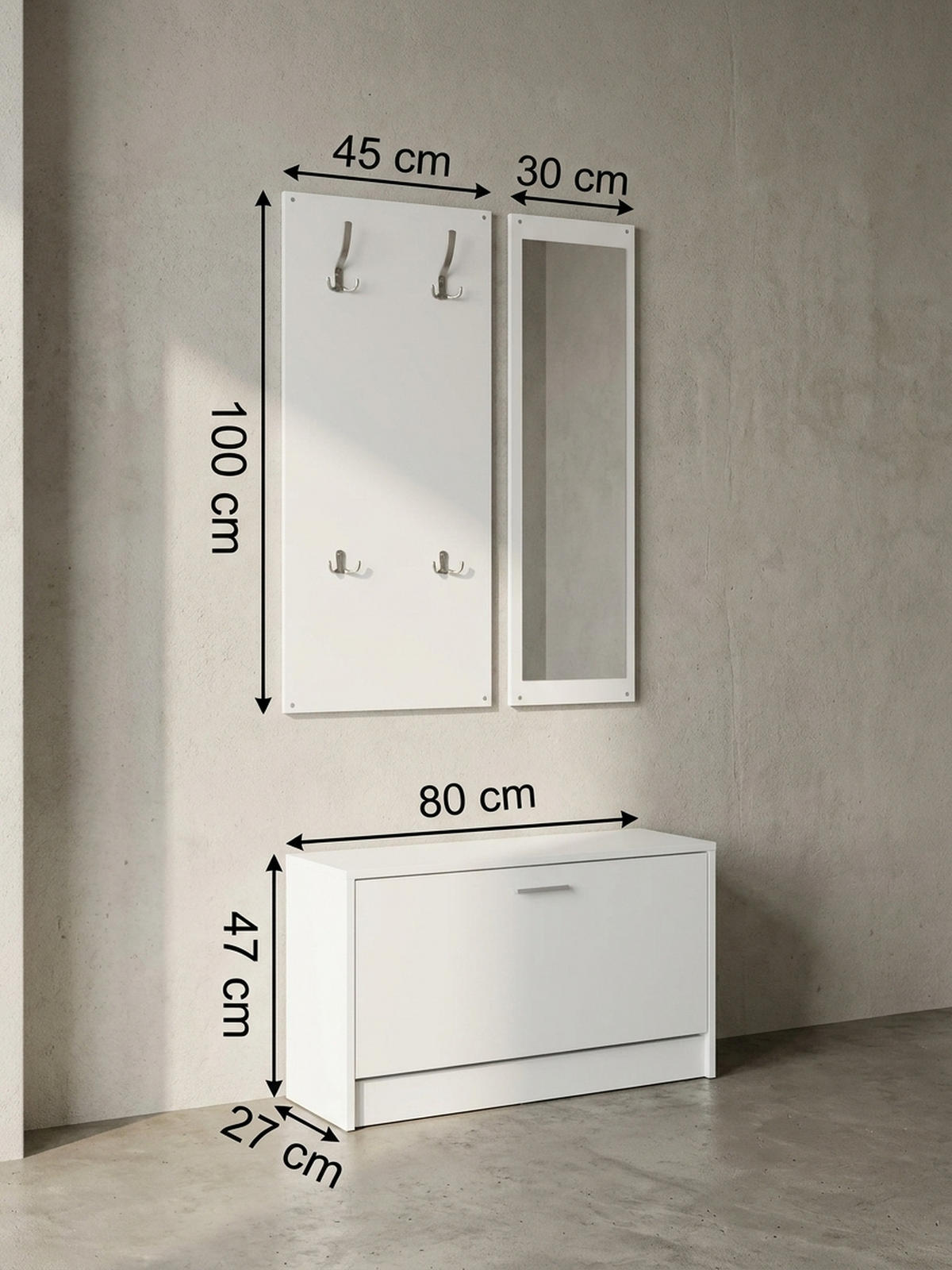 WANDGARDEROBE mit Spiegel, 10 Haken und Platz für 8 Paar Schuhe DELFT, Weiß 80x27x180 cm - Weiß, Holz (80/180/27cm) - KADIMA DESIGN
