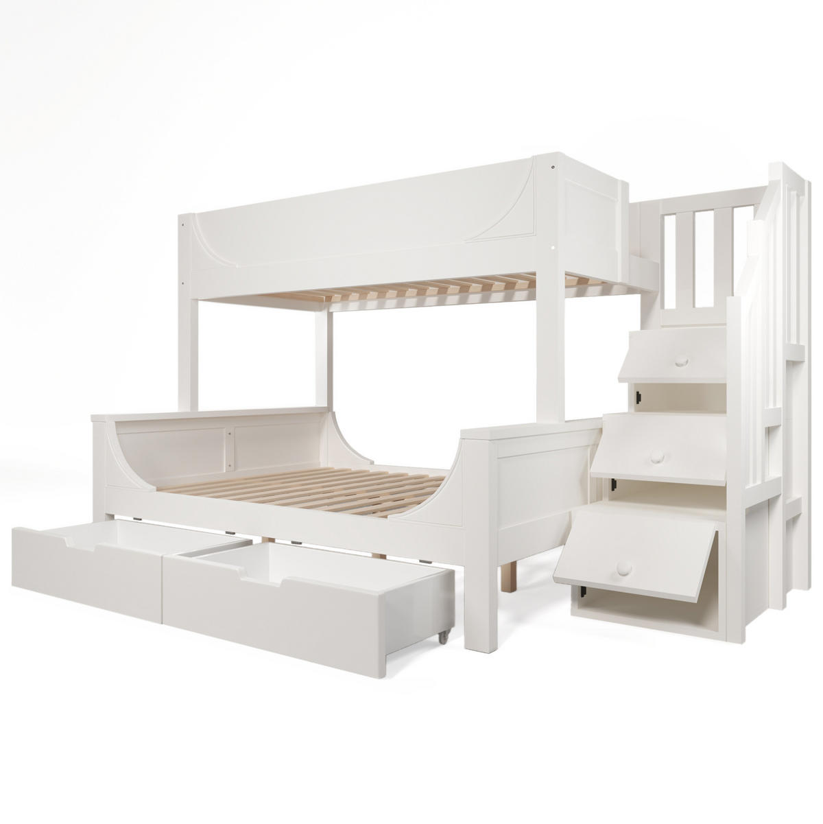 ETAGENBETT 90/140 x 200 cm mit Leiterschrank, Schubladen und Lattenrost in Schlittenform, Weiß - Weiß, Metall (90/200cm) - Redom
