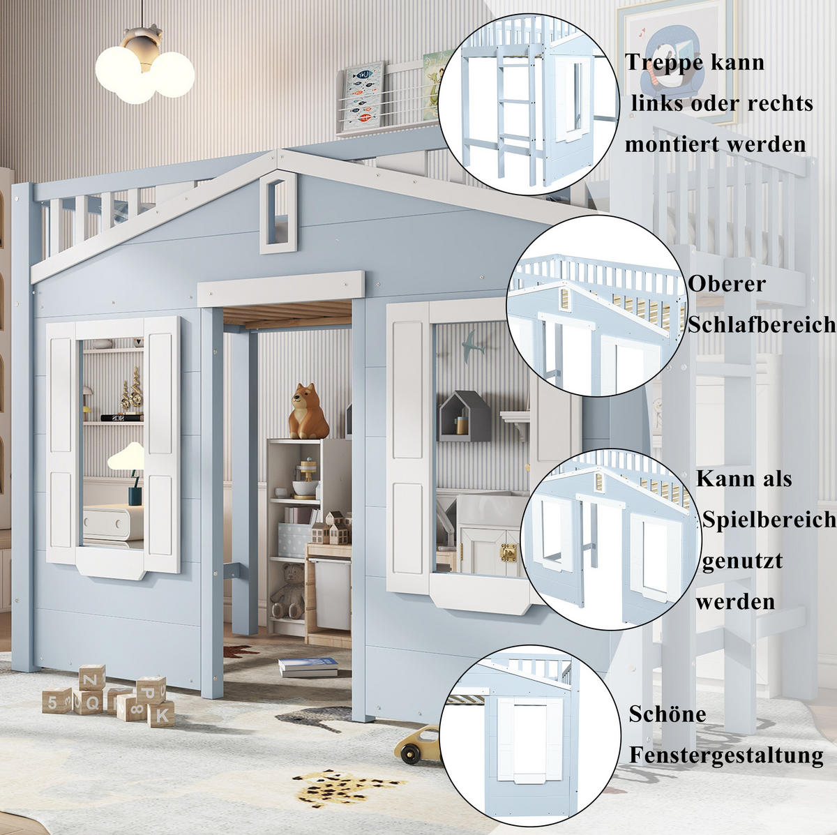 VYSOKÁ posteľ 90/200 cm biela/modrá z masívneho dreva a MDF s obojstrannou montážou rebríka - modrá, kompozitné drevo (90/200cm) - OKWISH